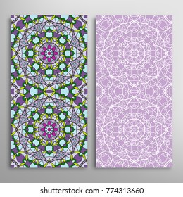 Vertical seamless patterns set, floral geometric lace texture for Wedding, Valentine's day, greeting cards or Birthday Invitations. Decorative seamless backgrounds. Ethnic ornament, border pattern