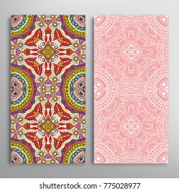 Vertical seamless patterns set, floral geometric lace texture for Wedding, Valentine's day, greeting cards or Birthday Invitations. Decorative seamless backgrounds. Ethnic ornament, border pattern