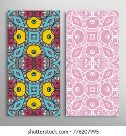 Vertical seamless patterns set, floral geometric lace texture for Wedding, Valentine's day, greeting cards or Birthday Invitations. Decorative seamless backgrounds. Ethnic ornament, border pattern