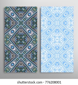 Vertical seamless patterns set, floral geometric lace texture for Wedding, Valentine's day, greeting cards or Birthday Invitations. Decorative seamless backgrounds. Ethnic ornament, border pattern