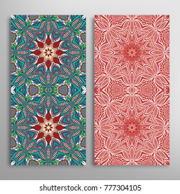 Vertical seamless patterns set, floral geometric lace texture for Wedding, Valentine's day, greeting cards or Birthday Invitations. Decorative seamless backgrounds. Ethnic ornament, border pattern
