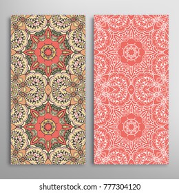 Vertical seamless patterns set, floral geometric lace texture for Wedding, Valentine's day, greeting cards or Birthday Invitations. Decorative seamless backgrounds. Ethnic ornament, border pattern