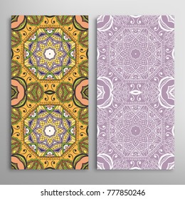 Vertical seamless patterns set, floral geometric lace texture for Wedding, Valentine's day, greeting cards or Birthday Invitations. Decorative seamless backgrounds. Ethnic ornament, border pattern