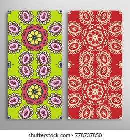 Vertical seamless patterns set, floral geometric lace texture for Wedding, Valentine's day, greeting cards or Birthday Invitations. Decorative seamless backgrounds. Ethnic ornament, border pattern