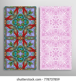 Vertical seamless patterns set, floral geometric lace texture for Wedding, Valentine's day, greeting cards or Birthday Invitations. Decorative seamless backgrounds. Ethnic ornament, border pattern