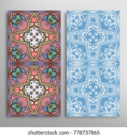 Vertical seamless patterns set, floral geometric lace texture for Wedding, Valentine's day, greeting cards or Birthday Invitations. Decorative seamless backgrounds. Ethnic ornament, border pattern