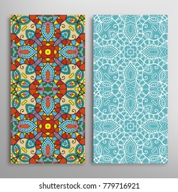 Vertical seamless patterns set, floral geometric lace texture for Wedding, Valentine's day, greeting cards or Birthday Invitations. Decorative seamless backgrounds. Ethnic ornament, border pattern