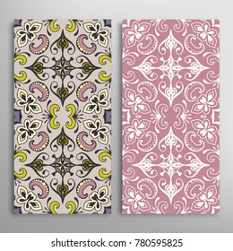 Vertical seamless patterns set, floral geometric lace texture for Wedding, Valentine's day, greeting cards or Birthday Invitations. Decorative seamless backgrounds. Ethnic ornament, border pattern