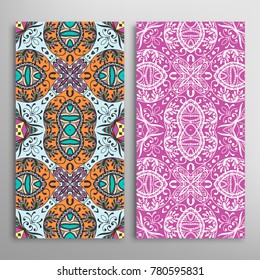 Vertical seamless patterns set, floral geometric lace texture for Wedding, Valentine's day, greeting cards or Birthday Invitations. Decorative seamless backgrounds. Ethnic ornament, border pattern