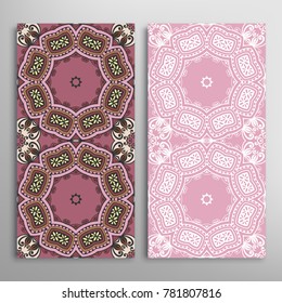 Vertical seamless patterns set, floral geometric lace texture for Wedding, Valentine's day, greeting cards or Birthday Invitations. Decorative seamless backgrounds. Ethnic ornament, border pattern