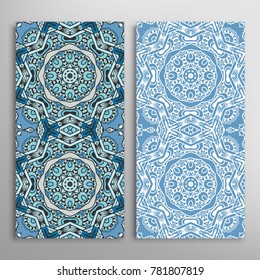 Vertical seamless patterns set, floral geometric lace texture for Wedding, Valentine's day, greeting cards or Birthday Invitations. Decorative seamless backgrounds. Ethnic ornament, border pattern