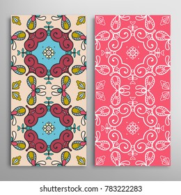 Vertical seamless patterns set, floral geometric lace texture for Wedding, Valentine's day, greeting cards or Birthday Invitations. Decorative seamless backgrounds. Ethnic ornament, border pattern