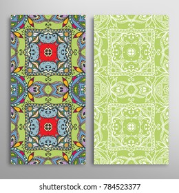 Vertical seamless patterns set, floral geometric lace texture for Wedding, Valentine's day, greeting cards or Birthday Invitations. Decorative seamless backgrounds. Ethnic ornament, border pattern