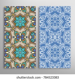 Vertical seamless patterns set, floral geometric lace texture for Wedding, Valentine's day, greeting cards or Birthday Invitations. Decorative seamless backgrounds. Ethnic ornament, border pattern