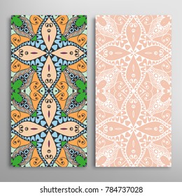 Vertical seamless patterns set, floral geometric lace texture for Wedding, Valentine's day, greeting cards or Birthday Invitations. Decorative seamless backgrounds. Ethnic ornament, border pattern
