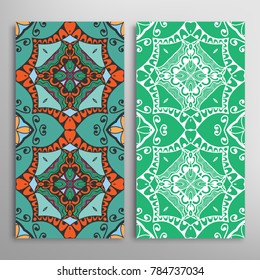 Vertical seamless patterns set, floral geometric lace texture for Wedding, Valentine's day, greeting cards or Birthday Invitations. Decorative seamless backgrounds. Ethnic ornament, border pattern