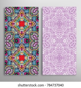 Vertical seamless patterns set, floral geometric lace texture for Wedding, Valentine's day, greeting cards or Birthday Invitations. Decorative seamless backgrounds. Ethnic ornament, border pattern