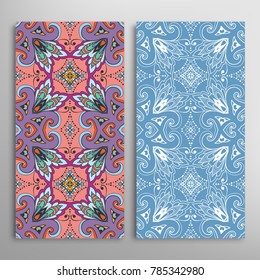 Vertical seamless patterns set, floral geometric lace texture for Wedding, Valentine's day, greeting cards or Birthday Invitations. Decorative seamless backgrounds. Ethnic ornament, border pattern
