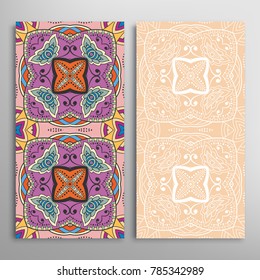 Vertical seamless patterns set, floral geometric lace texture for Wedding, Valentine's day, greeting cards or Birthday Invitations. Decorative seamless backgrounds. Ethnic ornament, border pattern
