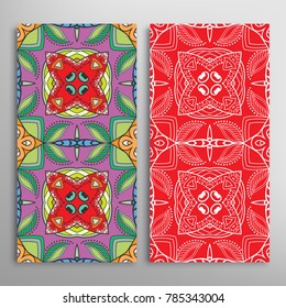 Vertical seamless patterns set, floral geometric lace texture for Wedding, Valentine's day, greeting cards or Birthday Invitations. Decorative seamless backgrounds. Ethnic ornament, border pattern