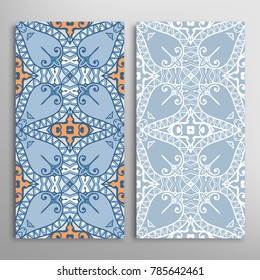 Vertical seamless patterns set, floral geometric lace texture for Wedding, Valentine's day, greeting cards or Birthday Invitations. Decorative seamless backgrounds. Ethnic ornament, border pattern
