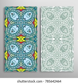 Vertical seamless patterns set, floral geometric lace texture for Wedding, Valentine's day, greeting cards or Birthday Invitations. Decorative seamless backgrounds. Ethnic ornament, border pattern