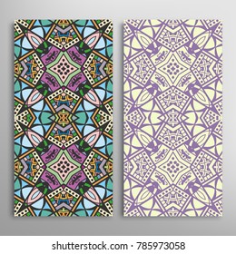 Vertical seamless patterns set, floral geometric lace texture for Wedding, Valentine's day, greeting cards or Birthday Invitations. Decorative seamless backgrounds. Ethnic ornament, border pattern