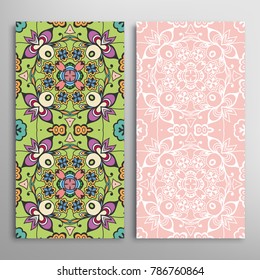 Vertical seamless patterns set, floral geometric lace texture for Wedding, Valentine's day, greeting cards or Birthday Invitations. Decorative seamless backgrounds. Ethnic ornament, border pattern