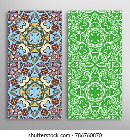 Vertical seamless patterns set, floral geometric lace texture for Wedding, Valentine's day, greeting cards or Birthday Invitations. Decorative seamless backgrounds. Ethnic ornament, border pattern