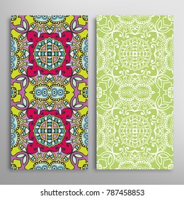 Vertical seamless patterns set, floral geometric lace texture for Wedding, Valentine's day, greeting cards or Birthday Invitations. Decorative seamless backgrounds. Ethnic ornament, border pattern