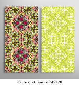 Vertical seamless patterns set, floral geometric lace texture for Wedding, Valentine's day, greeting cards or Birthday Invitations. Decorative seamless backgrounds. Ethnic ornament, border pattern