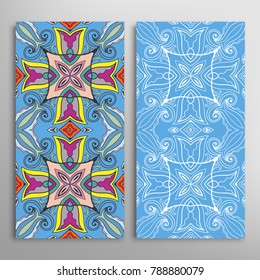 Vertical seamless patterns set, floral geometric lace texture for Wedding, Valentine's day, greeting cards or Birthday Invitations. Decorative seamless backgrounds. Ethnic ornament, border pattern