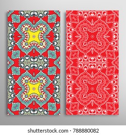 Vertical seamless patterns set, floral geometric lace texture for Wedding, Valentine's day, greeting cards or Birthday Invitations. Decorative seamless backgrounds. Ethnic ornament, border pattern
