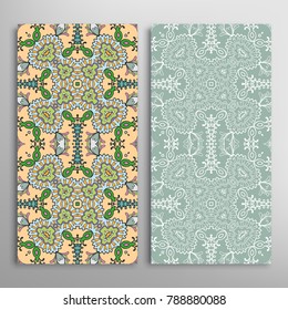 Vertical seamless patterns set, floral geometric lace texture for Wedding, Valentine's day, greeting cards or Birthday Invitations. Decorative seamless backgrounds. Ethnic ornament, border pattern