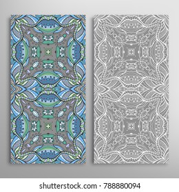 Vertical seamless patterns set, floral geometric lace texture for Wedding, Valentine's day, greeting cards or Birthday Invitations. Decorative seamless backgrounds. Ethnic ornament, border pattern
