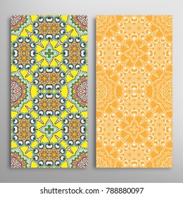 Vertical seamless patterns set, floral geometric lace texture for Wedding, Valentine's day, greeting cards or Birthday Invitations. Decorative seamless backgrounds. Ethnic ornament, border pattern