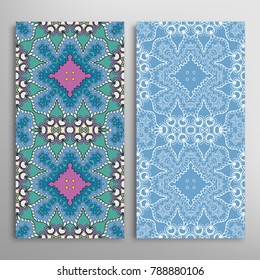 Vertical seamless patterns set, floral geometric lace texture for Wedding, Valentine's day, greeting cards or Birthday Invitations. Decorative seamless backgrounds. Ethnic ornament, border pattern