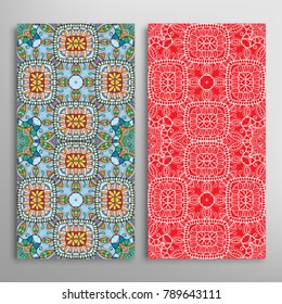 Vertical seamless patterns set, floral geometric lace texture for Wedding, Valentine's day, greeting cards or Birthday Invitations. Decorative seamless backgrounds. Ethnic ornament, border pattern