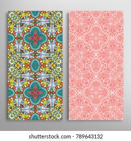 Vertical seamless patterns set, floral geometric lace texture for Wedding, Valentine's day, greeting cards or Birthday Invitations. Decorative seamless backgrounds. Ethnic ornament, border pattern