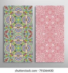 Vertical seamless patterns set, floral geometric lace texture for Wedding, Valentine's day, greeting cards or Birthday Invitations. Decorative seamless backgrounds. Ethnic ornament, border pattern