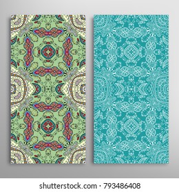 Vertical seamless patterns set, floral geometric lace texture for Wedding, Valentine's day, greeting cards or Birthday Invitations. Decorative seamless backgrounds. Ethnic ornament, border pattern