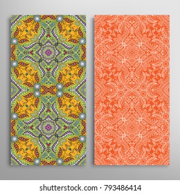 Vertical seamless patterns set, floral geometric lace texture for Wedding, Valentine's day, greeting cards or Birthday Invitations. Decorative seamless backgrounds. Ethnic ornament, border pattern
