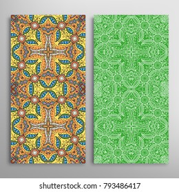 Vertical seamless patterns set, floral geometric lace texture for Wedding, Valentine's day, greeting cards or Birthday Invitations. Decorative seamless backgrounds. Ethnic ornament, border pattern