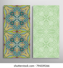 Vertical seamless patterns set, floral geometric lace texture for Wedding, Valentine's day, greeting cards or Birthday Invitations. Decorative seamless backgrounds. Ethnic ornament, border pattern