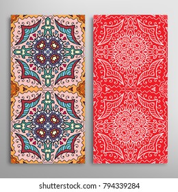 Vertical seamless patterns set, floral geometric lace texture for Wedding, Valentine's day, greeting cards or Birthday Invitations. Decorative seamless backgrounds. Ethnic ornament, border pattern