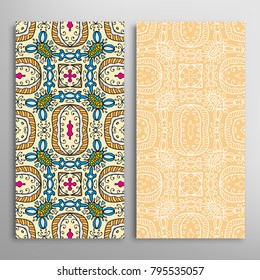 Vertical seamless patterns set, floral geometric lace texture for Wedding, Valentine's day, greeting cards or Birthday Invitations. Decorative seamless backgrounds. Ethnic ornament, border pattern