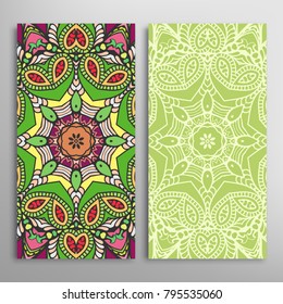 Vertical seamless patterns set, floral geometric lace texture for Wedding, Valentine's day, greeting cards or Birthday Invitations. Decorative seamless backgrounds. Ethnic ornament, border pattern