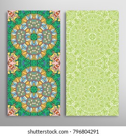 Vertical seamless patterns set, floral geometric lace texture for Wedding, Valentine's day, greeting cards or Birthday Invitations. Decorative seamless backgrounds. Ethnic ornament, border pattern