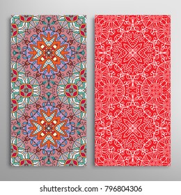 Vertical seamless patterns set, floral geometric lace texture for Wedding, Valentine's day, greeting cards or Birthday Invitations. Decorative seamless backgrounds. Ethnic ornament, border pattern