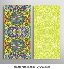Vertical seamless patterns set, floral geometric lace texture for Wedding, Valentine's day, greeting cards or Birthday Invitations. Decorative seamless backgrounds. Ethnic ornament, border pattern